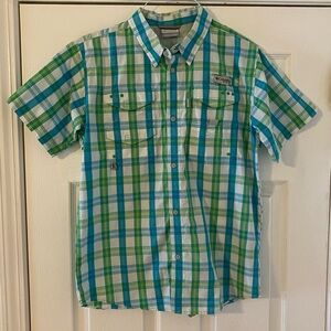 Boys Columbia PFG Green and Blue Casual Button Down Vented Fishing Shirt